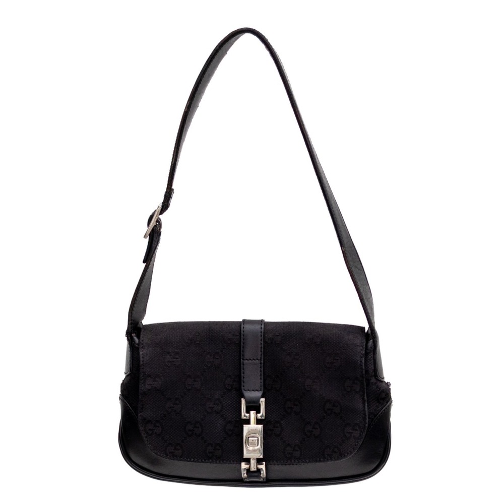 Vntg GUCCI Black GG Canvas/Leather Small Flap Jackie O Hobo Bag Canvas & Leather
